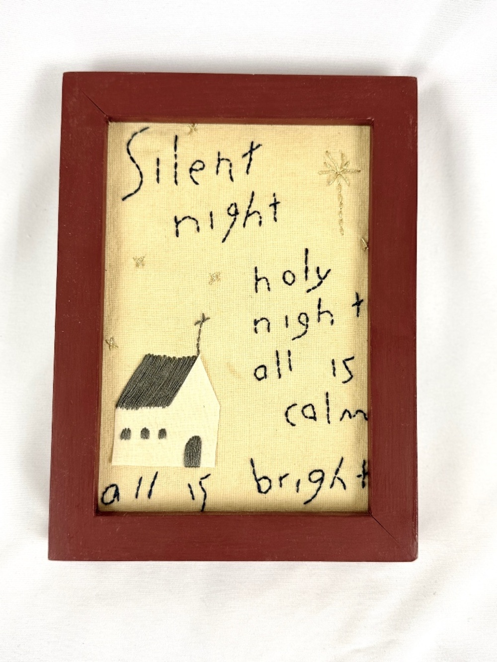 1993 Wood Framed Christmas Folk Art Silent Night Holy Night Handmade Embroidery
